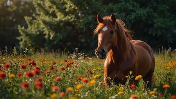 Beautiful red horse with long mane run at summer day in flowers filed with shiny sunshine, with copy space. photo