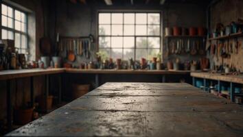 Blank rough metal workshop and desk table surface on blurred garage background with copy space, Empty space for your products and crafty idea in man cave studio. photo