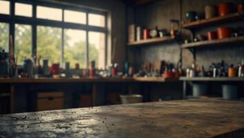 Blank rough metal workshop and desk table surface on blurred garage background with copy space, Empty space for your products and crafty idea in man cave studio. photo