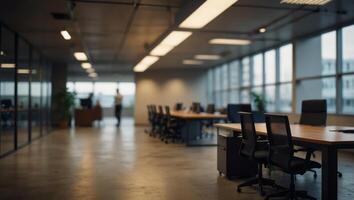 Blurred background of a light modern office, business style extra wide backdrop. photo