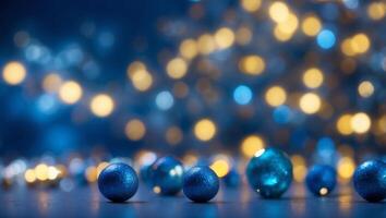 Bokeh on classic blue holiday background Horizontal wide screen banner format. photo