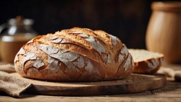 Bread, traditional sourdough bread cut into slices on a rustic wooden background, close-up, top view, copy space Concept of traditional leavened bread baking methods. photo