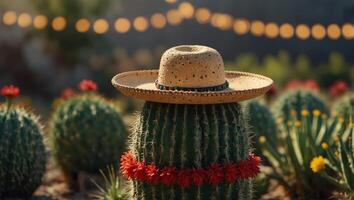 Cactus in sombrero hat over party ribbons background outdoor with copy space. photo