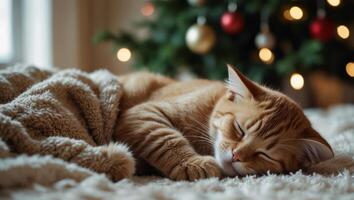 Cat and dog sleeping Puppy and kitten sleep on white blurred home with Christmas tree background, with copy space, concept of sweet sleeping, friendship and peaceful slow life. photo