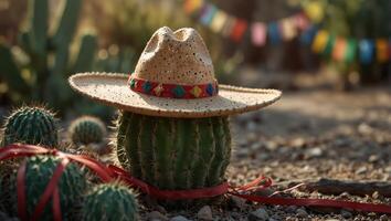 Cactus in sombrero hat over party ribbons background outdoor with copy space. photo
