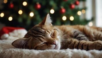 Cat and dog sleeping Puppy and kitten sleep on white blurred home with Christmas tree background, with copy space, concept of sweet sleeping, friendship and peaceful slow life. photo