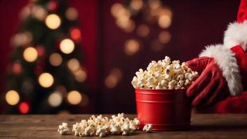 Christmas Photo of Santa Claus gloved hand With a red bucket with popcorn, on a red background.