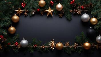 Christmas frame Xmas tree branches decorated cooper stars and balls on black background Flat lay, top view, copy space Christmas banner mockup, festive website header template. photo
