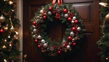 Christmas holiday wreath hanging on a door, adorned with shimmering ornaments and twinkling lights. photo