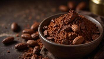 Close up of cocoa powder in a brown ceramic bowl, raw cocoa beans around, with copy space, concept of cocoa trading, cocoa pricing increasing or changing, food ingredient. photo