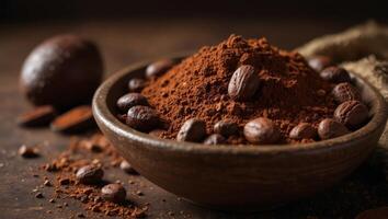 Close up of cocoa powder in a brown ceramic bowl, raw cocoa beans around, with copy space, concept of cocoa trading, cocoa pricing increasing or changing, food ingredient. photo