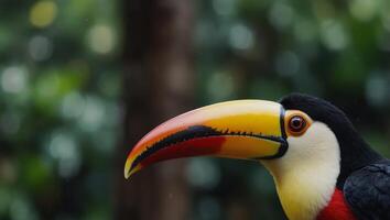 Close up of a high colored Toucan and its colorful beak in the aviary. photo