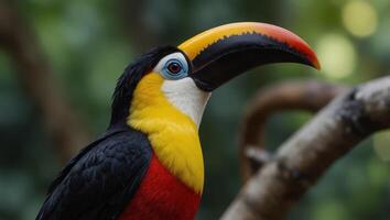 Close up of a high colored Toucan and its colorful beak in the aviary. photo