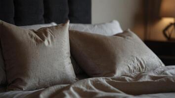 Close up of silky soft pillows and bed in background of cosy modern bedroom The mock up concept of sleek and minimalist. photo