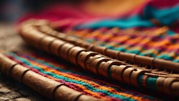 Close up view of Peruvian pan flute, on a coloured poncho Concept of traditional Andean music. photo