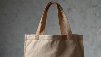 Close up of young woman holding canvas fabric bag for mockup on simple background, blank template, Ecology or environment protection concept White eco bag for mock up. photo