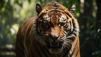 Close-up view of a tiger with an evil grin and jungle, explosive wildlife. photo