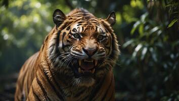 Close-up view of a tiger with an evil grin and jungle, explosive wildlife. photo