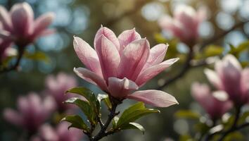 Closeup of blooming magnolia tree in spring on pastel bokeh background, copy space. photo