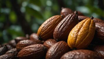 Colorful cocoa growers backgrounds, Cacao pods in Sao Tome and Principe, heap of pods of cocoa drying banner. photo