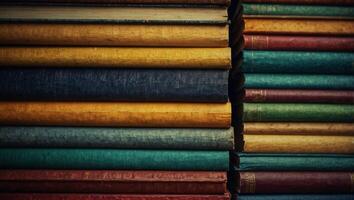 Colorful books stacked texture background with copy space, extra wide. photo