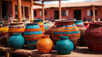 Colorful traditional crafts in the souvenir shop of San Pedro de Atacama town, northern Chile, South America. photo