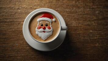 Cup of latte cappuccino coffee with Santa Claus shape art on foam, top view Christmas and New Year background with copy space. photo