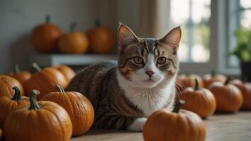 Cute cat staring at a pile of pumpkins on white table on blurred modern home background with copy space. photo