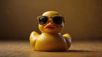 Cute rubber duck wearing stylish sunglasses on yellow background minimal creative concept Space for copy. photo