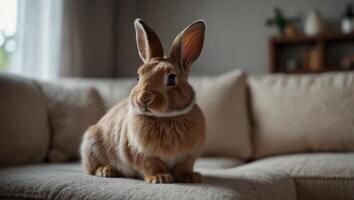 Cute little bunny on the sofa posing to the camera on blurred modern home background, copy space on empty sofa, slow life with pet lifestyle, modern Easter backgrounds. photo