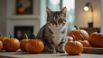 Cute cat staring at a pile of pumpkins on white table on blurred modern home background with copy space. photo
