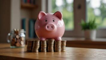 Cute pink piggy bank and money coins in piles in stacks on wooden table on blurred home background near the window with large copy space, panorama wide backgrounds. photo