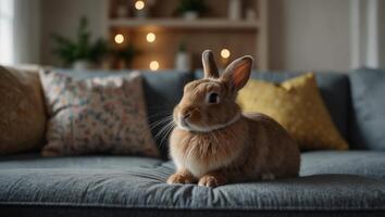 Cute little bunny on the sofa posing to the camera on blurred modern home background, copy space on empty sofa, slow life with pet lifestyle, modern Easter backgrounds. photo