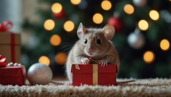 Cute little mouse trying to open wrapped Christmas or new year gift box on blurred shiny Xmas tree background with copy space, funny winter holidays animal banner design. photo