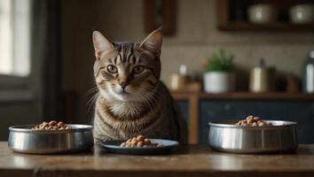 Cute tabby cat making choice from 3 food bowls in front of it on vintage kitchen background, concept of cat food choice, cat food type, dry food, wet food and raw. photo