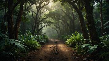 Deep tropical jungles of Southeast Asia, green trees tunnel extra wide background banner. photo
