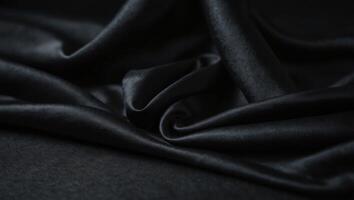 Empty smooth black silk fabric folded cloth background, luxurious fabric textile decoration for poster, banner or cover design, for luxury product display with copy space. photo