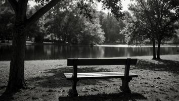 Empty bench in park, huge tree near the lake, light and shadow, black and white, with copy space. photo