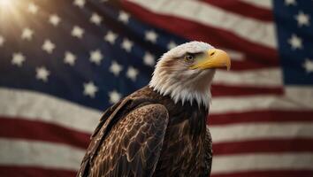 Eagle With American Flag Flies In Freedom, the national symbol of the USA, North American Bald Eagle on American flag backgrounds, copy space. photo
