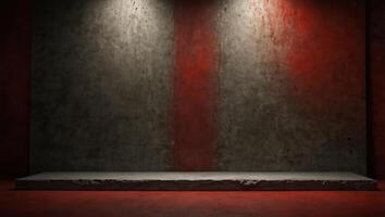 Empty Red old textured background and stand display or shelf with studio for showing or design christmas concept Blank backdrop made from cement material. photo