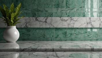 Empty white marble tabletop on fresh mint green tiles background, abstract modern backgrounds for show,ads,design product on display concept. photo