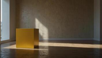 Empty room interior design or yellow pedestal display on vivid background with blank stand Blank stand for showing product, with light and shadow. photo