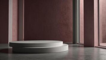 Empty podium for product display Monochrome Pedestal with frosted glass on pink wide window background Stylish background for presentation Minimal style. photo