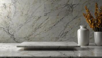 Empty white marble table top with white ceramic tile wall background,Mock up banner ads size for display or montage of product or your design ,Luxury modern theme. photo