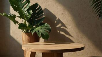 Empty wooden round side table with green tropical leaves shadows and light on beige graceful simple background, for product display, still life lifestyle. photo