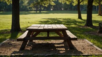 Empty wooden picnic table on a green meadow with trees on back with shadows in a open park space, idea of outdoor picnic, hiking, with copy space. photo