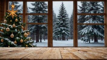 Empty wooden table on white blurred window with snowy Christmas trees forest outside background, Empty space of Christmas celebration banner. photo