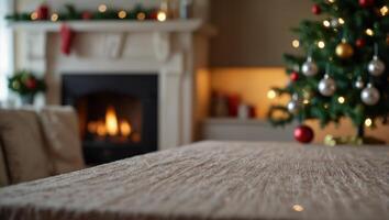 Empty table covered with tablecloth on blurred shiny Christmas tree and stove home background with copy space. photo