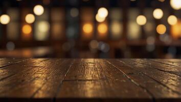 Empty wooden table top with lights bokeh on blur restaurant background. photo