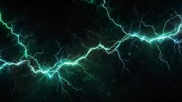 Fantasy green lightning, abstract electrical background ,Teal abstract lightning on black. photo